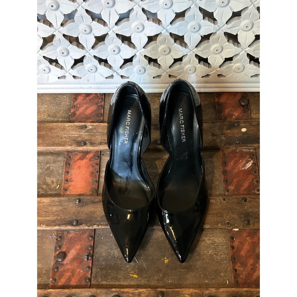 Marc Fisher Womens Black Patent Dorsay Pointed Toe Stiletto Heel Pumps Size 9M